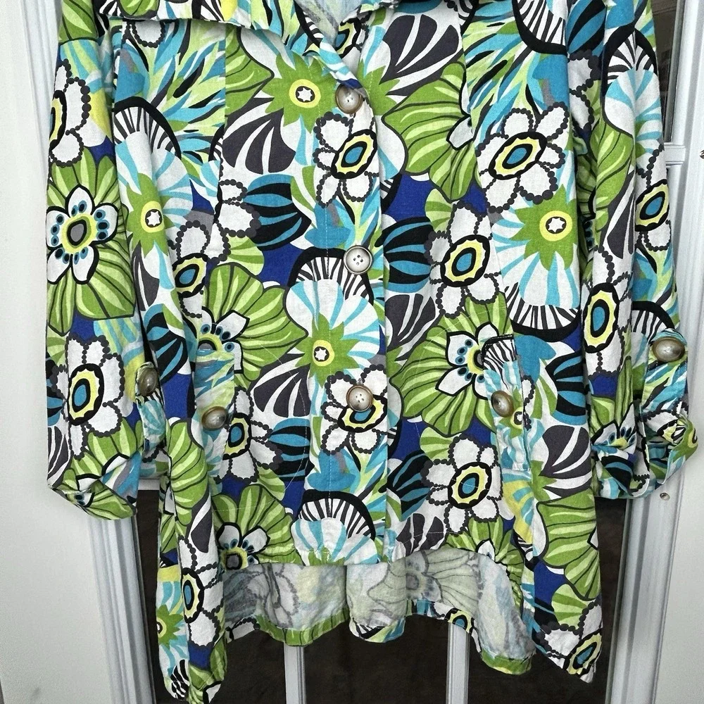 For Cynthia Linen Blend Floral Print Button Down Top Roll Tab Cuff Tunic Size L‎